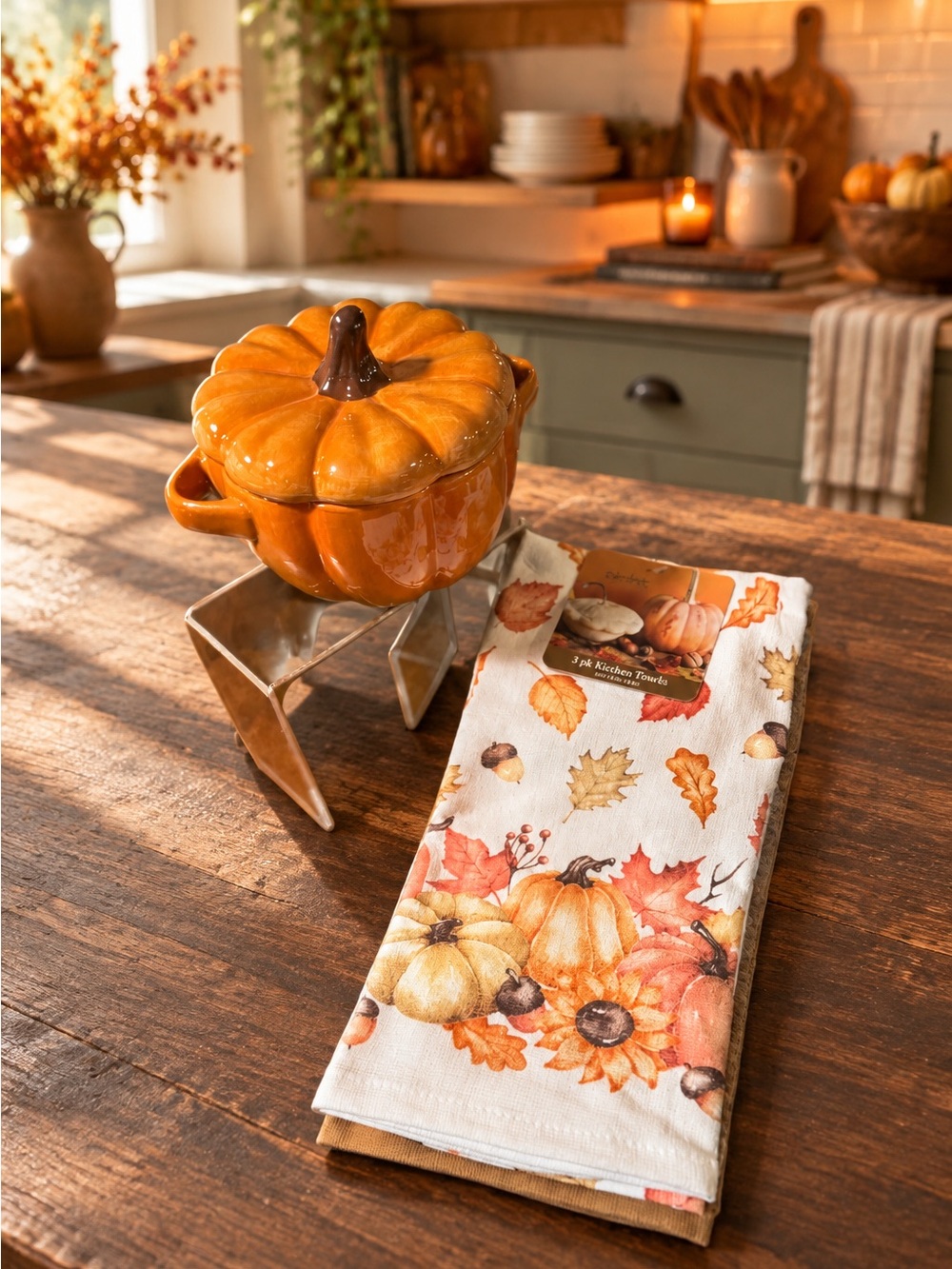 Pumpkin-Shaped Ceramic Soup Tureen with  3 Fall Harvest Kitchen Towels